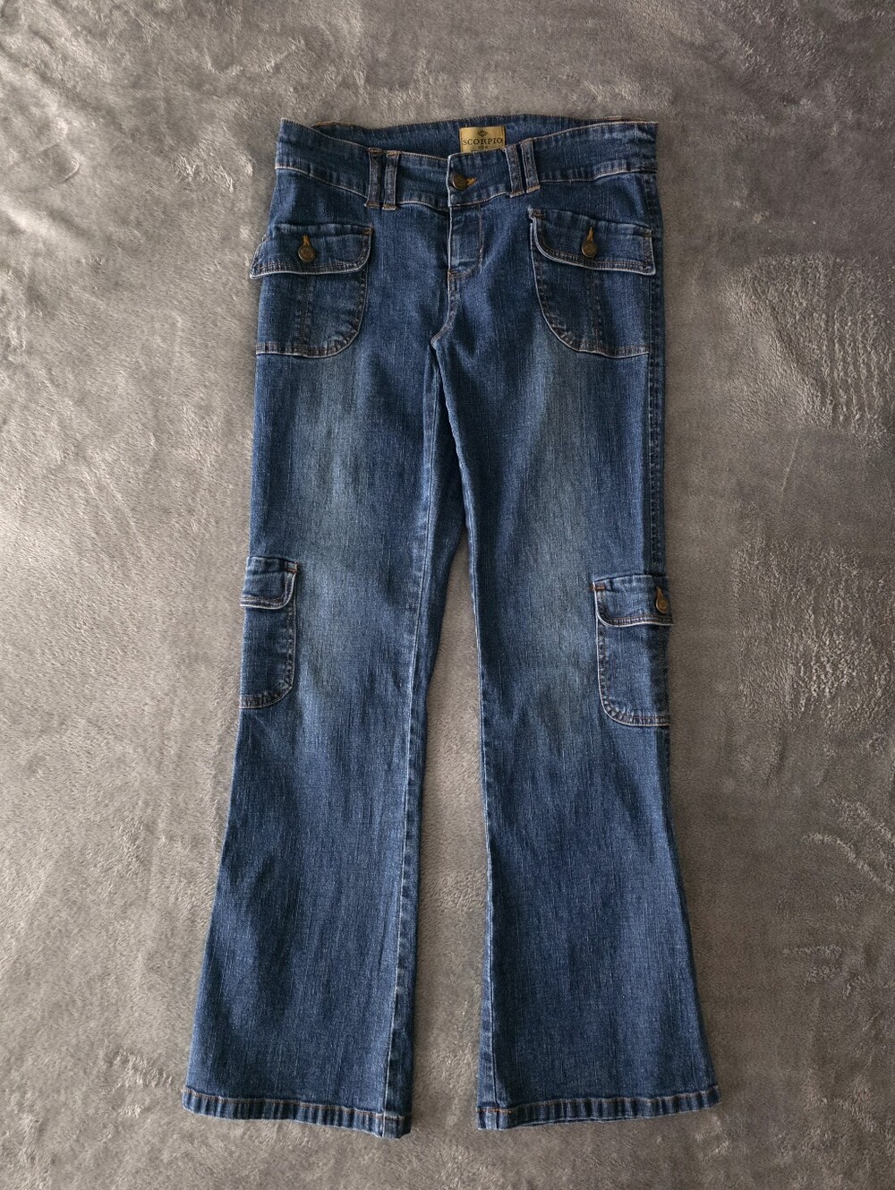 Rare Vintage Scorpio USA Blue Bootcut Cargo Jeans Size 7 Flap Pocket Y2K